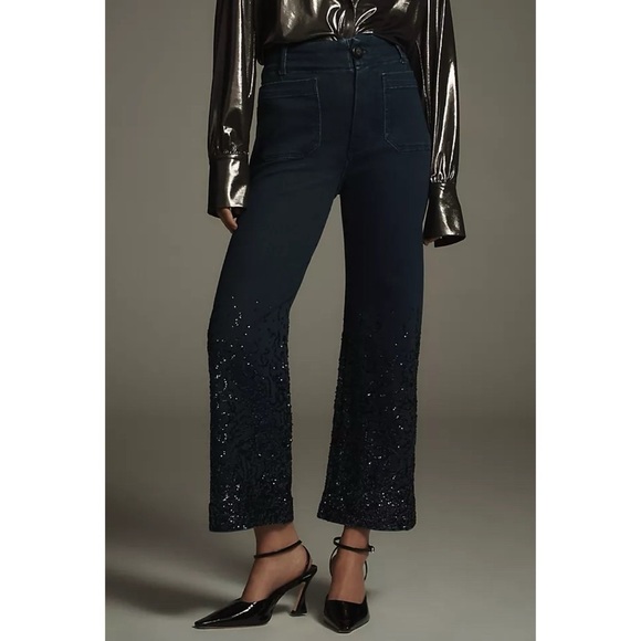 NWT Anthropologie The Colette High Rise Wide Leg Jeans Sequin Sparkle 27T Tall - Picture 1 of 16